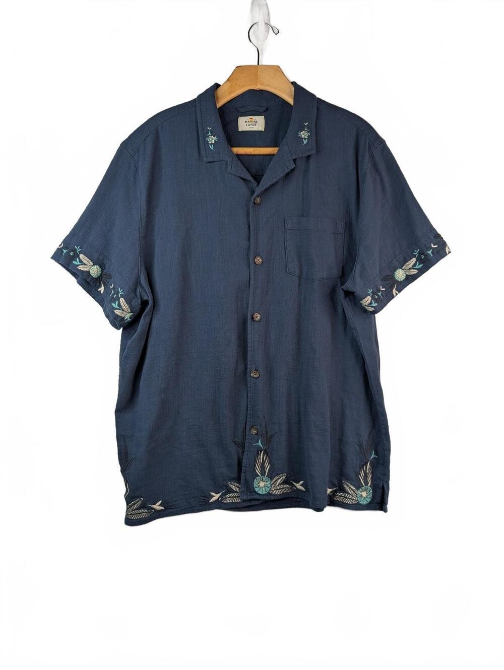 Marine Layer Short Sleeve Border Embroidery Camp-Collar Shirt Moon Indigo XL